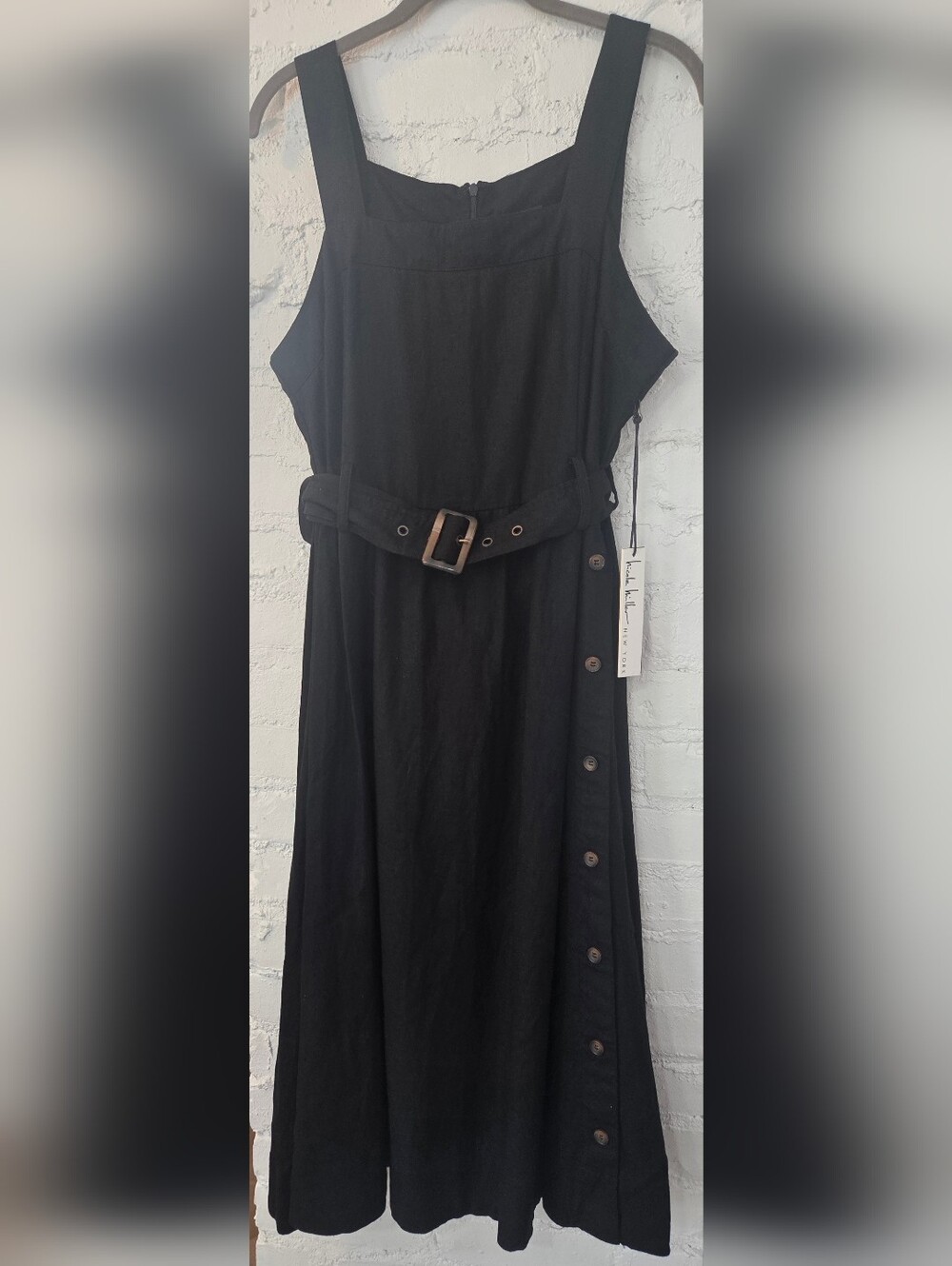 Nicole Miller New York Black Sleeveless Midi Dress Belted Waist and Side Buttons
